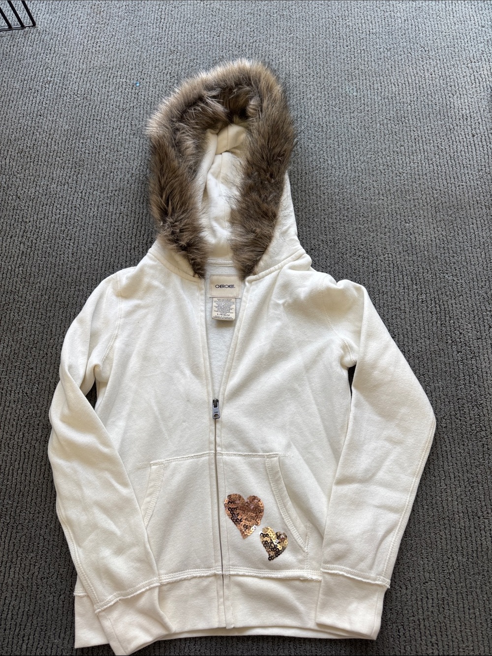 Cherokee Cream Zip Hoodie with Faux Fur Trim and Sequin Hearts
